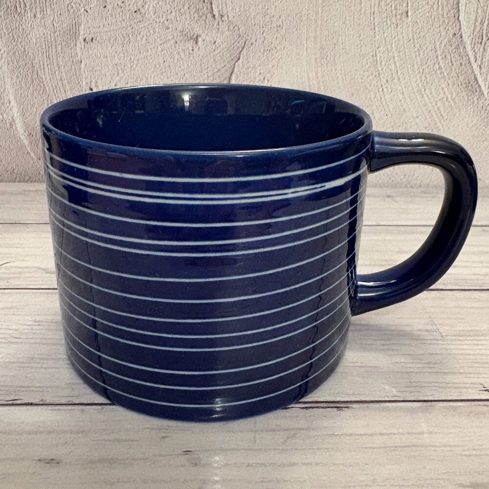 Indigo Navy Blue White Thin Stripes Glossy Ceramic Coffee Mug  (SKU: 215MI)